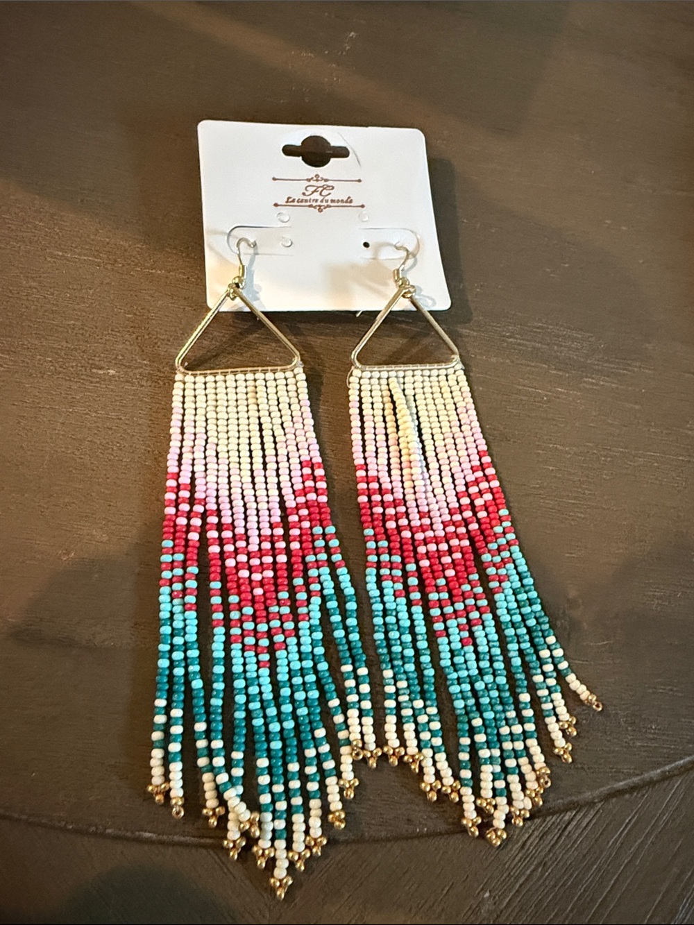 Handmade Beaded Fringe Earrings - Turquoise, Red & Cream